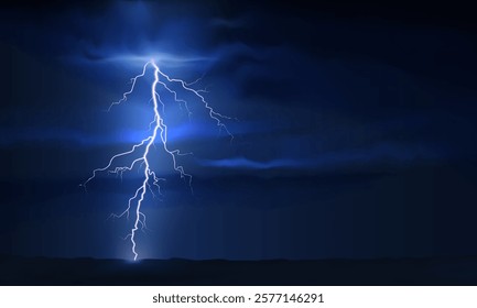 Thunder lightning. Dramatic thunderstorm with bright lightning against dark cloudy ominous sky. Dark blue nature thunderstorm background, night landscape. Realistic vector illustration