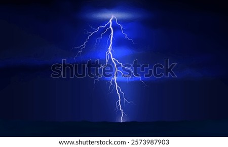 Thunder lightning. Dramatic thunderstorm with bright lightning against dark cloudy ominous sky. Dark blue nature thunderstorm background, night landscape. Realistic vector illustration