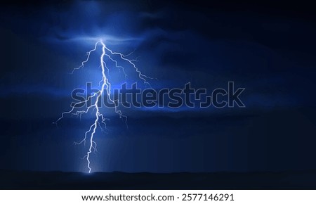 Thunder lightning. Dramatic thunderstorm with bright lightning against dark cloudy ominous sky. Dark blue nature thunderstorm background, night landscape. Realistic vector illustration