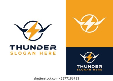 Thunder Lightning Electric with Long Horn Buffalo Bison Bull Logo Design Branding Template