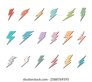 Thunder, lightning, electrical discharge, lightning bolt. Set of vector elements in a simple cartoon style.