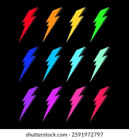 Thunder, lightning, electrical discharge, lightning bolt. Set of vector elements in a neon style.