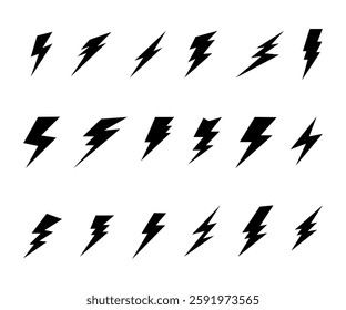 Thunder, lightning, electrical discharge, lightning bolt. Set of vector elements in a simple cartoon style.