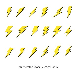 Thunder, lightning, electrical discharge, lightning bolt. Set of vector elements in a simple cartoon style.