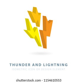 Thunder and lightning. Lightning, electricity isometric flat icon.
Thunder and bolt lighting flash icon or design element.