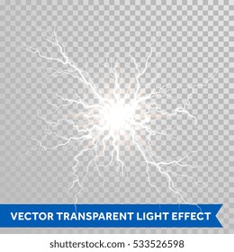 Thunder lightning flash light on transparent background. Vector realistic electricity ball lightning storm or thunderbolt in sky. Natural phenomenon illustration of human nerve or neural cells system