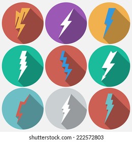 Thunder lightning flat icons set in circle with shadow. Vector illustration.  