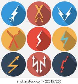 Thunder lightning flat icons set in circle with shadow. Vector illustration. 