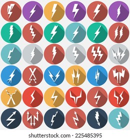 Thunder lightning flat icons set in circle with shadow. Vector illustration. 