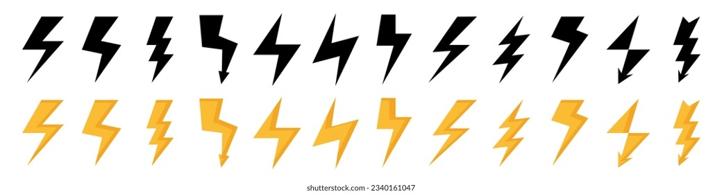 Thunder lightning icon collection. Black and orange thunderbolt icons. Vector lightning icons