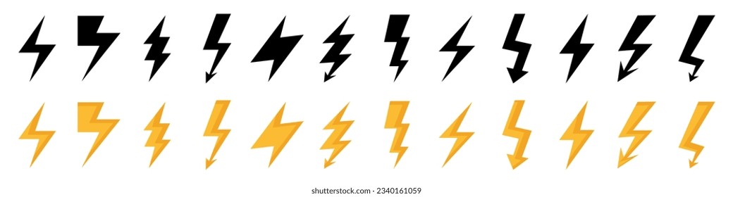 Thunder lightning icon collection. Black and orange thunderbolt icons. Vector lightning icons