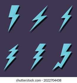 Thunder and lightning icons set. Various design options. Vector illustration on a dark background.