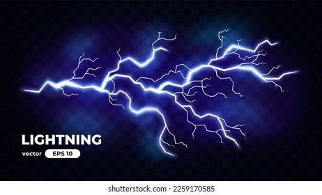 Thunder lightning isolated on black background. Lightnings set. Thunderstorm. Flash light thunderbolt spark. Bright glow and sparkle effect. Realistic transparent lightning. Vector illustration eps10.