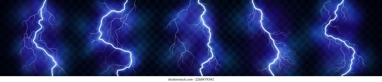 Thunder lightning isolated on black background. Lightnings set. Thunderstorm. Flash light thunderbolt spark. Bright glow and sparkle effect. Realistic transparent lightning. Vector illustration eps10.