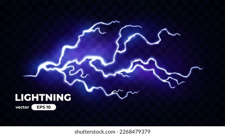 Thunder lightning isolated on black background. Lightnings set. Thunderstorm. Flash light thunderbolt spark. Bright glow and sparkle effect. Realistic transparent lightning. Vector illustration eps10.