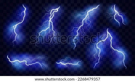 Thunder lightning isolated on black background. Lightnings set. Thunderstorm. Flash light thunderbolt spark. Bright glow and sparkle effect. Realistic transparent lightning. Vector illustration eps10.