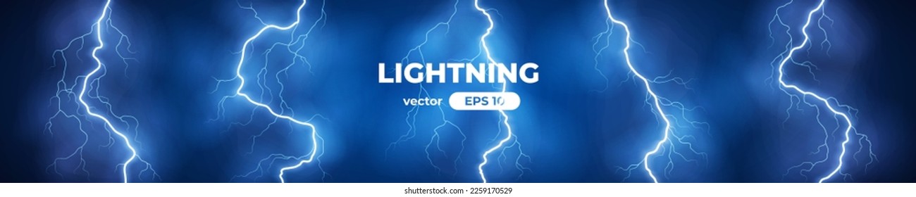 Thunder lightning isolated on blue background. Lightnings set. Thunderstorm. Flash light thunderbolt spark. Bright glow and sparkle effect. Realistic transparent lightning. Vector illustration eps10.