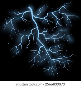 Thunder lightning on dark background. Lightning Thunderstorm Set. Thunderbolt spark. Bright glow and sparkle effect. Realistic transparent lightning. Vector illustration eps10.