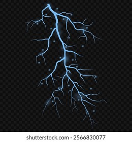 Thunder lightning on dark background. Lightning Thunderstorm Set. Thunderbolt spark. Bright glow and sparkle effect. Realistic transparent lightning. Vector illustration eps10.