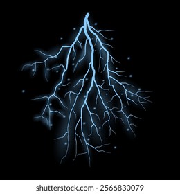 Thunder lightning on dark background. Lightning Thunderstorm Set. Thunderbolt spark. Bright glow and sparkle effect. Realistic transparent lightning. Vector illustration eps10.