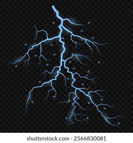 Thunder lightning on dark background. Lightning Thunderstorm Set. Thunderbolt spark. Bright glow and sparkle effect. Realistic transparent lightning. Vector illustration eps10.