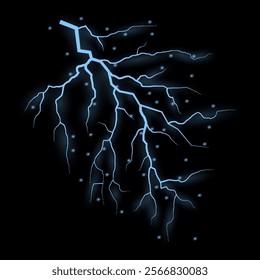 Thunder lightning on dark background. Lightning Thunderstorm Set. Thunderbolt spark. Bright glow and sparkle effect. Realistic transparent lightning. Vector illustration eps10.