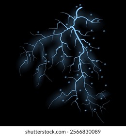 Thunder lightning on dark background. Lightning Thunderstorm Set. Thunderbolt spark. Bright glow and sparkle effect. Realistic transparent lightning. Vector illustration eps10.