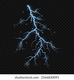 Thunder lightning on dark background. Lightning Thunderstorm Set. Thunderbolt spark. Bright glow and sparkle effect. Realistic transparent lightning. Vector illustration eps10.