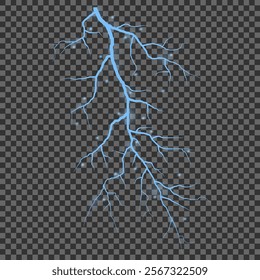 Thunder lightning on dark background. Lightning Thunderstorm Set. Thunderbolt spark. Bright glow and sparkle effect. Realistic transparent lightning. Vector illustration eps10.