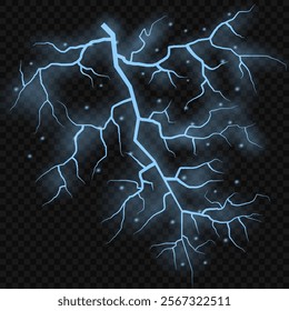 Thunder lightning on dark background. Lightning Thunderstorm Set. Thunderbolt spark. Bright glow and sparkle effect. Realistic transparent lightning. Vector illustration eps10.