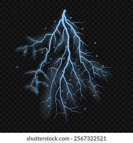 Thunder lightning on dark background. Lightning Thunderstorm Set. Thunderbolt spark. Bright glow and sparkle effect. Realistic transparent lightning. Vector illustration eps10.