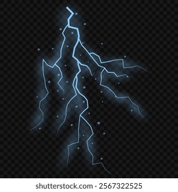 Thunder lightning on dark background. Lightning Thunderstorm Set. Thunderbolt spark. Bright glow and sparkle effect. Realistic transparent lightning. Vector illustration eps10.