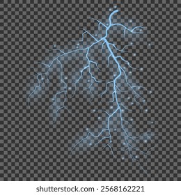 Thunder lightning on dark background. Lightning Thunderstorm Set. Thunderbolt spark. Bright glow and sparkle effect. Realistic transparent lightning. Vector illustration eps10.