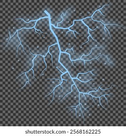 Thunder lightning on dark background. Lightning Thunderstorm Set. Thunderbolt spark. Bright glow and sparkle effect. Realistic transparent lightning. Vector illustration eps10.