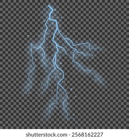 Thunder lightning on dark background. Lightning Thunderstorm Set. Thunderbolt spark. Bright glow and sparkle effect. Realistic transparent lightning. Vector illustration eps10.