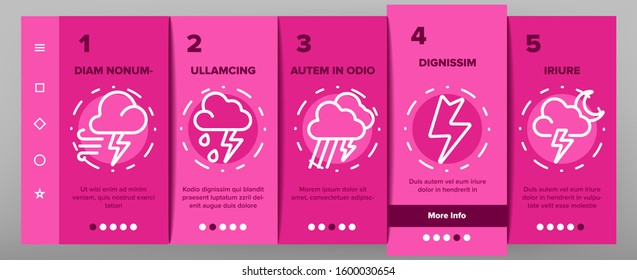Thunder And Lightning Onboarding Mobile App Page Screen Vector. Thunder And Raining Clouds, Umbrella And Wind, Sun And Moon Illustrations