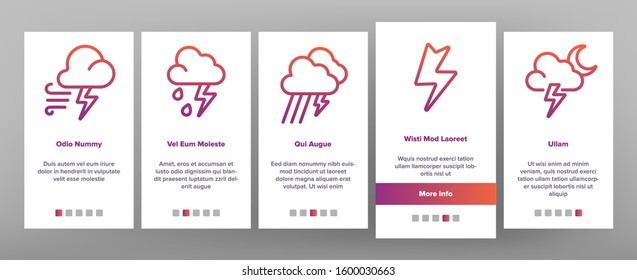 Thunder And Lightning Onboarding Mobile App Page Screen Vector. Thunder And Raining Clouds, Umbrella And Wind, Sun And Moon Illustrations