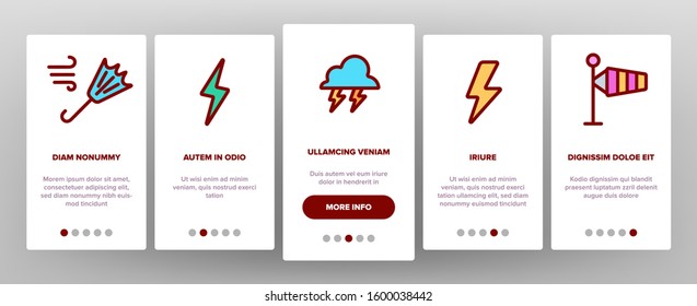 Thunder And Lightning Onboarding Mobile App Page Screen Vector. Thunder And Raining Clouds, Umbrella And Wind, Sun And Moon Illustrations
