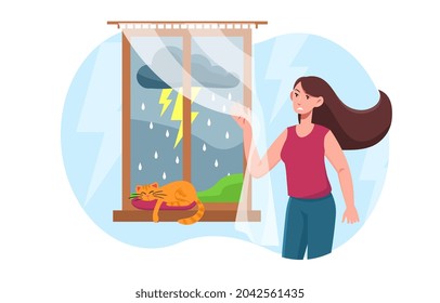 Thunder and lightning outside window concept. Woman in apartment afraid of bad weather and thunder. Loud noises, clouds, rain and storm. Cartoon flat vector illustration isolated on white background