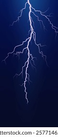 Thunder lightning smartphone wallpaper, background. Dramatic thunderstorm with bright lightning against dark sky. Night thunderbolt. Vertical blue nature background. Realistic vector illustration