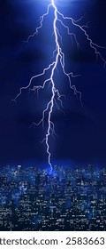 Thunder lightning smartphone wallpaper, background. Thunderstorm, bright lightning at night over the city. Thunderbolt in an ominous cloudy sky. Vertical blue background. Realistic vector illustration