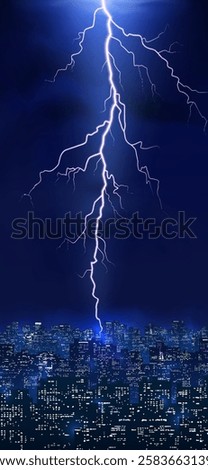 Thunder lightning smartphone wallpaper, background. Thunderstorm, bright lightning at night over the city. Thunderbolt in an ominous cloudy sky. Vertical blue background. Realistic vector illustration
