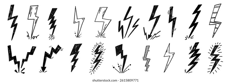 Thunder lightning stroke doodle in chalk, crayon style. Simple warning rock collection of sketch elements. Scribble star set