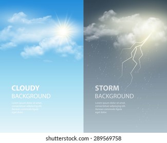 Thunder and lightning, sun and clouds. Weather background. Vector illustration EPS 10