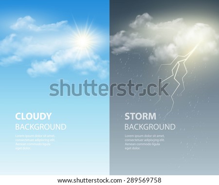 Thunder and lightning, sun and clouds. Weather background. Vector illustration EPS 10