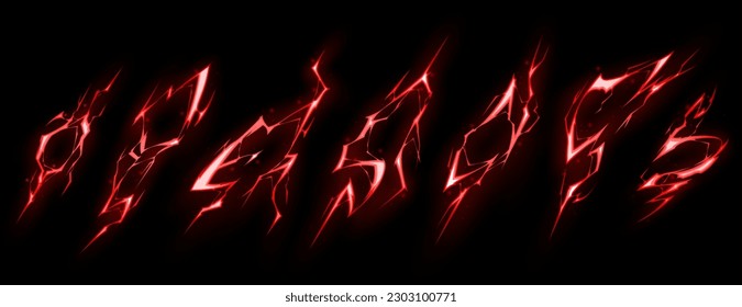 Thunder lightning vector electric power effect isolated on black background. Red spark blast vfx illustration. Flash lightening explosion magical spell attack. Energy discharge neon thunderstorm