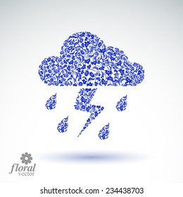 Pictograma de meteorología de vectores de rayos y truenos. ¿¿¿Predicción meteorológica de la marca con estampado florido para el Día de la Alfombra??? símbolo estilizado de condiciones meteorológicas. Nubes de tormenta con caídas de lluvia.