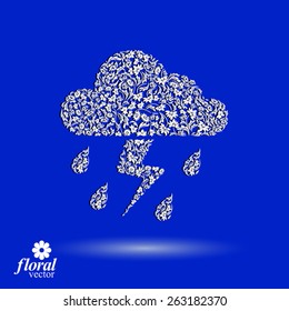 Thunder and lightning vector meteorology pictogram. Weather forecast flower-patterned marking Ã?Â¢?? stylized weather conditions symbol. Storm cloud with falling drops of rain.