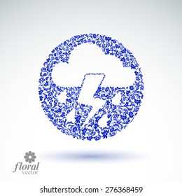 Thunder and lightning vector meteorology pictogram. Weather forecast flower-patterned marking Ã¢?? stylized weather conditions symbol. Storm cloud with falling drops of rain.