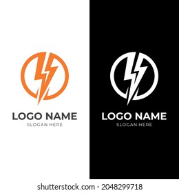 thunder logo design with flat white and orange color style